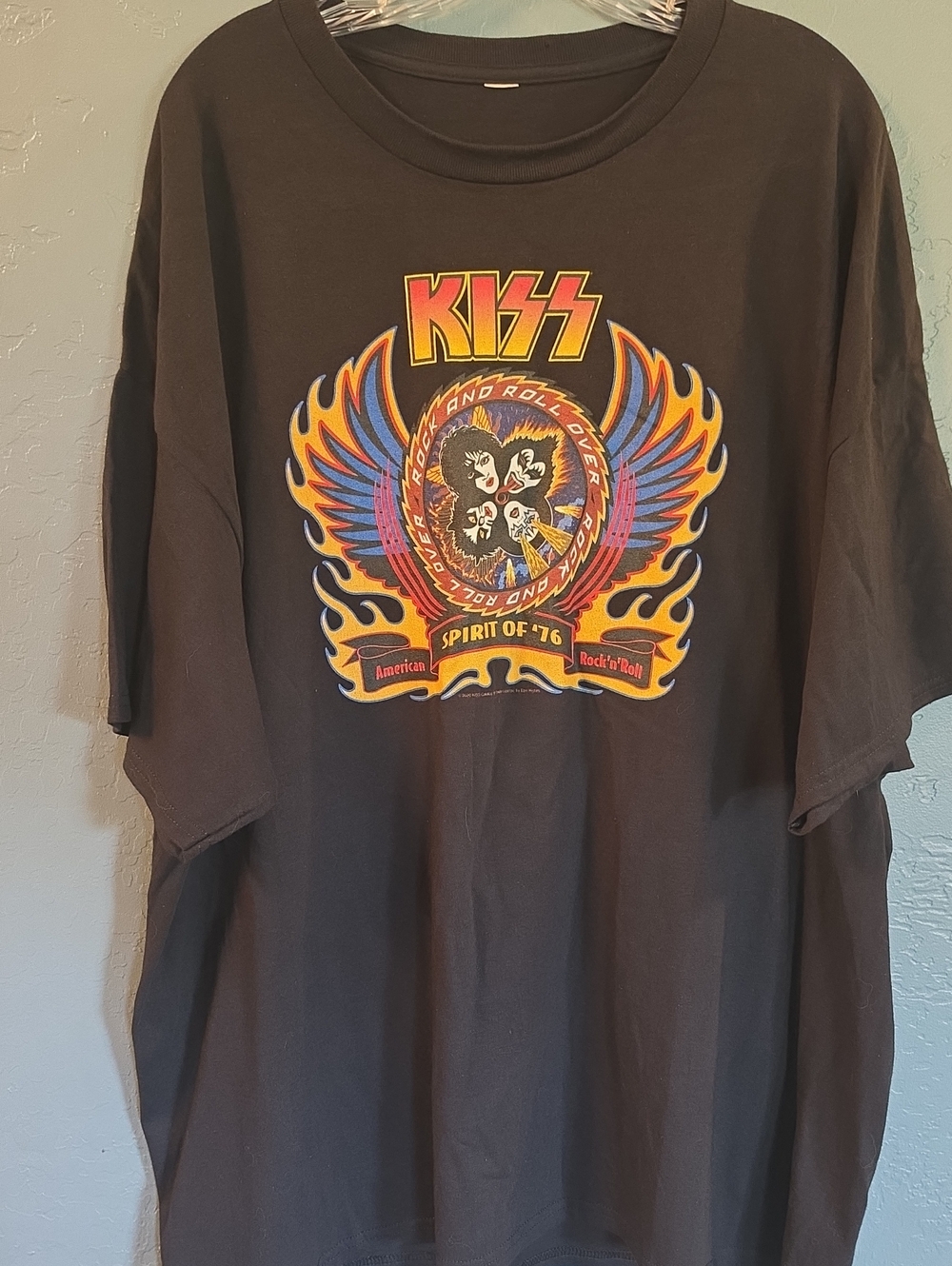 Kiss Black Tee with Red Yellow and Blue Graphic